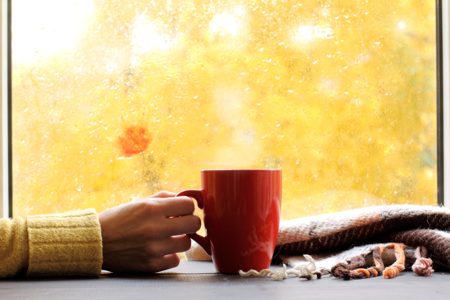 Woman holding mug in front of fall window enjoying clean indoor air quality